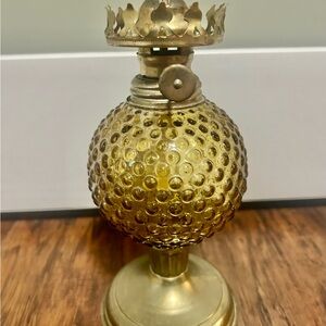Vintage Rare Hobnail Amber Oil Lamp W Original Wick With Brass Plated Base